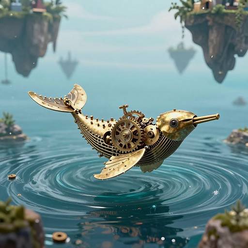 Digital artwork of a goldfish with mechanical gears, floating in a serene, blue ocean surrounded by floating islands. Water ripples beneath.