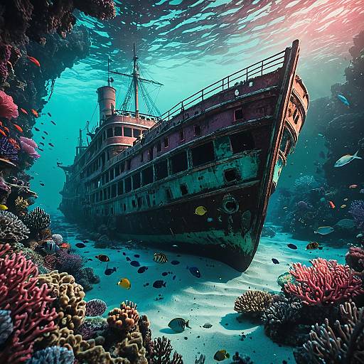 Sunken Shipwreck in Vibrant Coral Reef