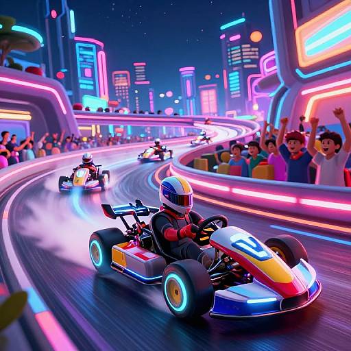 Neon-lit, futuristic racing scene with three go-karts speeding on a curved track, surrounded by cheering, colorful crowd under vibrant city lights.