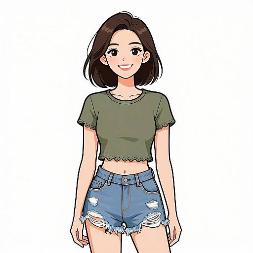 Anime-style digital drawing of a smiling young woman with short black hair, wearing a green crop top and frayed denim shorts.