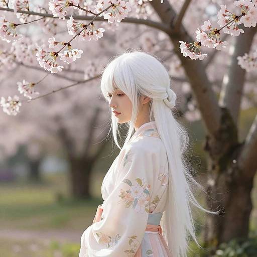White-Haired Girl in Cherry Blossom Garden