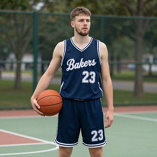 Photograph of a young, muscular Caucasian man with short brown hair and beard, wearing a black 