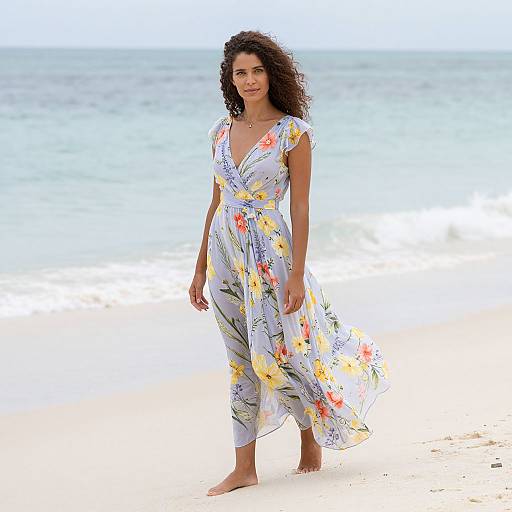 Photograph of a curly-haired woman in a white, floral-patterned, V-neck maxi dress standing barefoot on a sunny beach with calm, blue