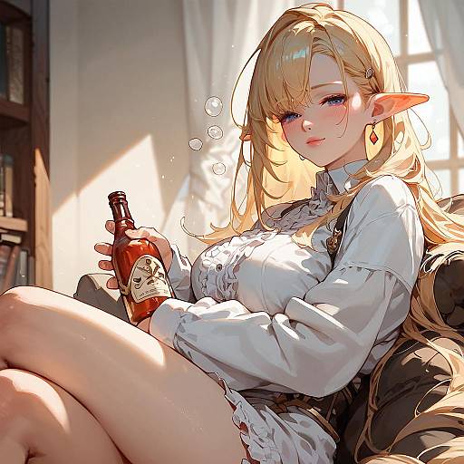 Flustered Elf Girl Drinking Indoors