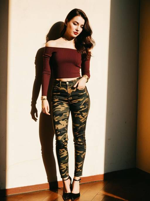 Fashionable Woman in Burgundy Top and Camouflage Pants