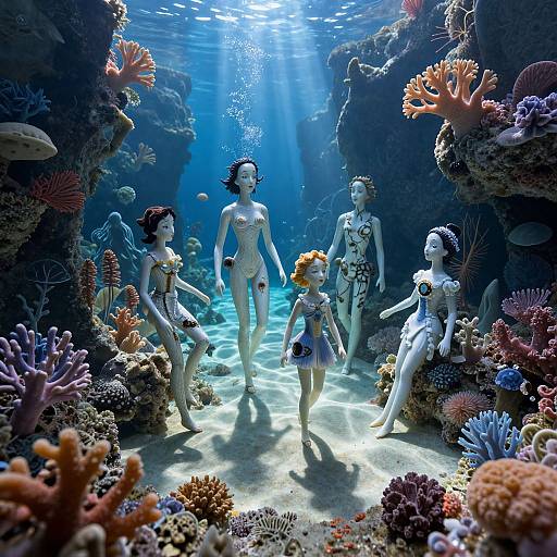 Photograph of five life-sized, white, nude mannequins underwater, surrounded by colorful coral and marine life, illuminated by sunlight filtering through the