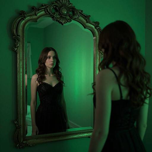 Photograph of a woman with long, wavy brown hair, wearing a black lace dress, standing in front of an ornate mirror, reflected in