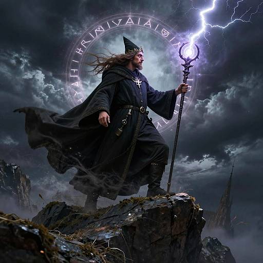 Mystical wizard in dark robes and hat, holding glowing staff, stands on rocky cliff under stormy sky with lightning and magical circle.