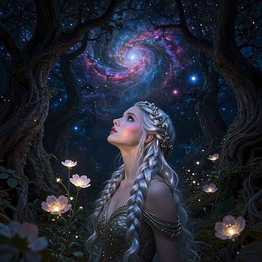 Digital fantasy artwork of a blonde woman with braided hair, gazing at a glowing spiral galaxy in a starry forest, surrounded by luminescent