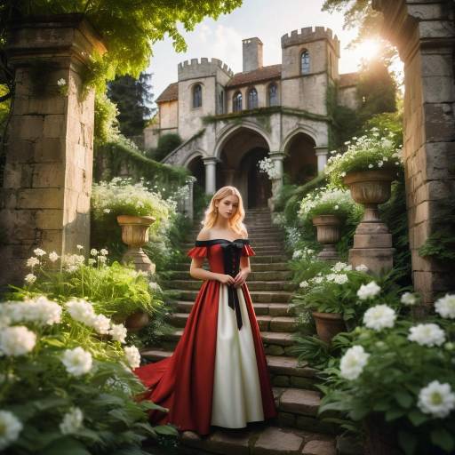 Woman in Elegant Dress at Historic Castle Garden
