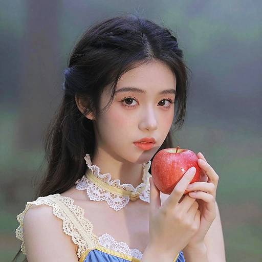Digital painting of an East Asian woman with long black hair, lace collar, holding a red apple, soft-focus forest background.