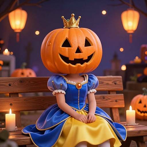 CGI image of a child with a carved pumpkin head, wearing a blue and yellow princess dress with a gold crown, sitting on a wooden bench with