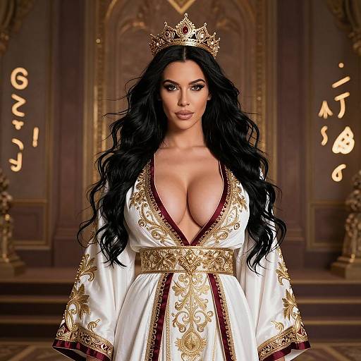 Digital rendering of a regal woman with long black hair, wearing a gold crown, deep V-neck white and gold embroidered gown, standing in an orn