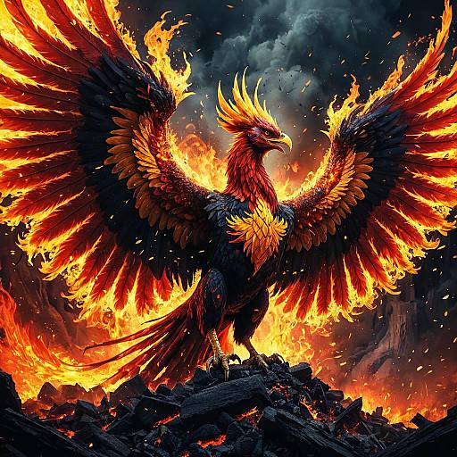 Mythical Phoenix Rising from Ashes