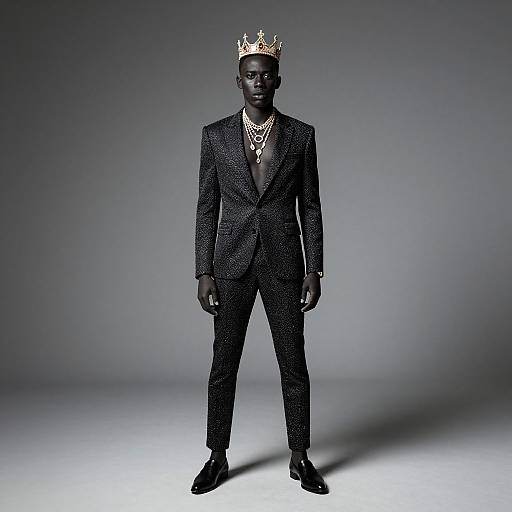 Photograph of a Black man with dark skin, wearing a glittering black suit, gold crown, multiple necklaces, and black shoes, standing against