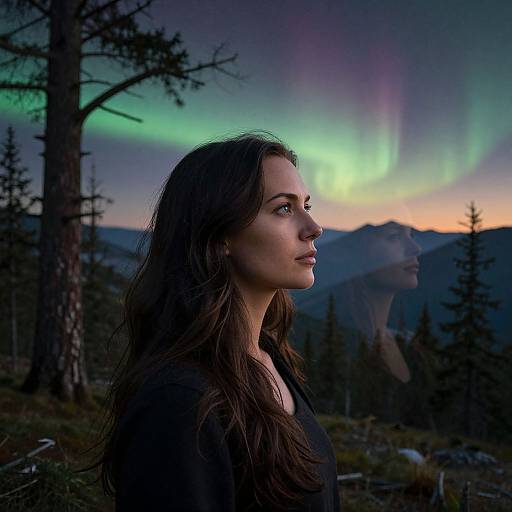 Photograph of a young woman with long brown hair, wearing a black top, standing in a forest at night, gazing at vibrant green and purple