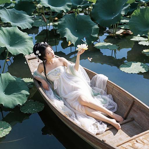 Photograph of an Asian woman in a white, off-shoulder dress, reclining in a wooden boat, holding a white lotus, surrounded