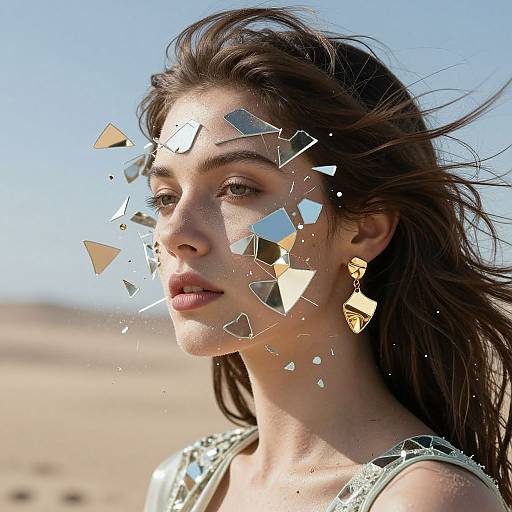Photograph of a young woman with long brown hair, wearing a reflective, geometric-patterned headpiece, standing in a sunlit desert.