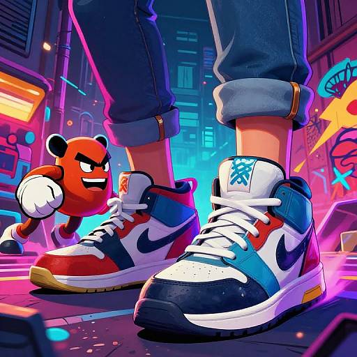 Vibrant digital art of feet in red, white, and blue sneakers with a angry red cartoon character standing on a neon-lit city street.