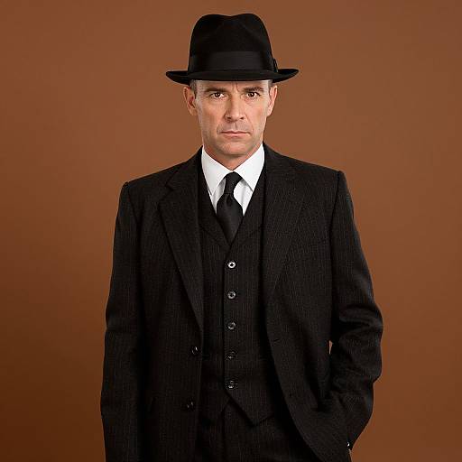 Photograph of a serious, light-skinned man in a black pinstripe suit, white shirt, black tie, and black fedora, against