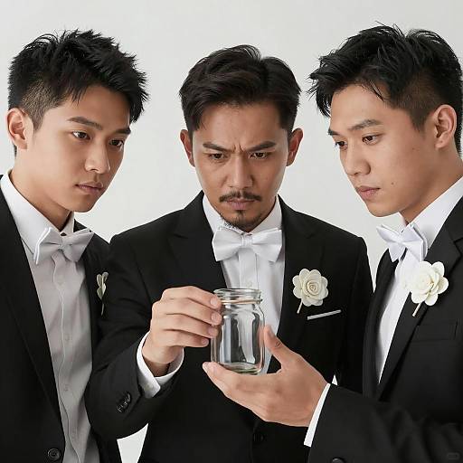 Three Stylish Men with Glass Jar