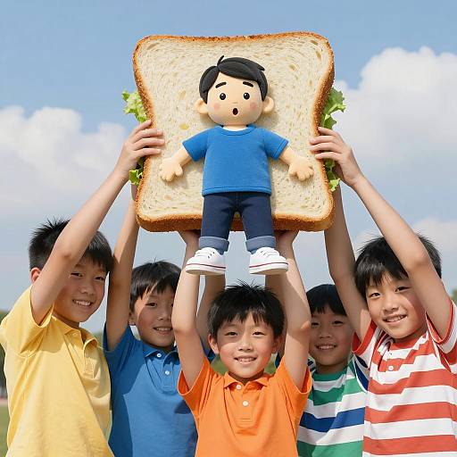 Children Holding Giant Sandwich with Man Inside