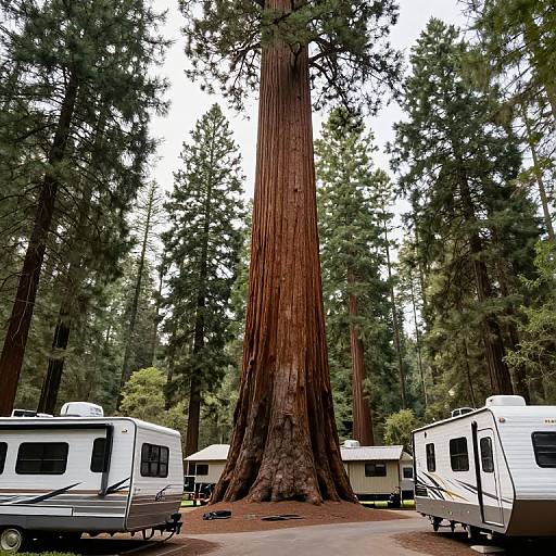 Photograph of five RVs parked in a dense redwood forest, with a massive redwood tree towering in the center.