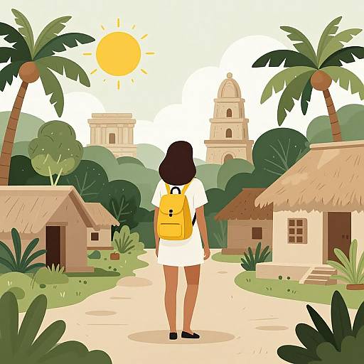 Illustration of a woman with dark hair, yellow backpack, white dress, walking on a path through a tropical village with palm trees, thatched h