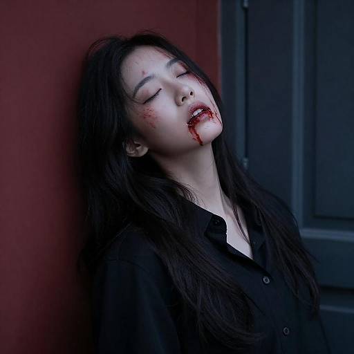 Bloodied Woman Against Dark Red Wall