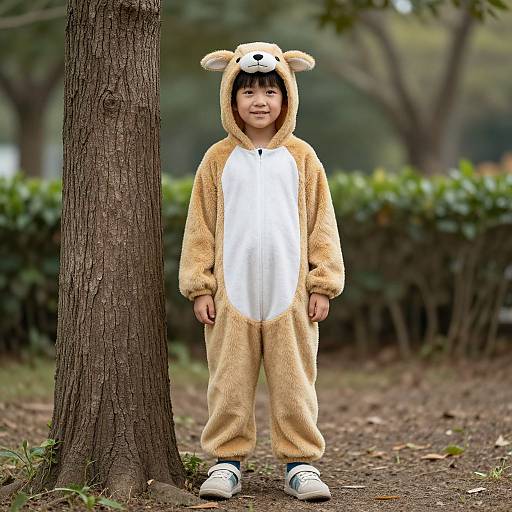 Photograph of a young boy in a beige and white teddy bear onesie, standing in a park by a tree.
