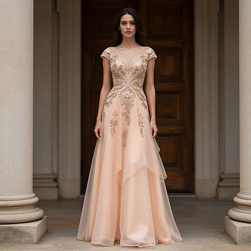 Photograph of a tall, slender woman with long brown hair, wearing an elegant, peach-colored, lace-embellished ball gown, standing between