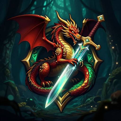 Digital artwork of a fierce red dragon with gold accents, glowing green and red scales, holding a luminous blue sword, in a dark, mystical forest