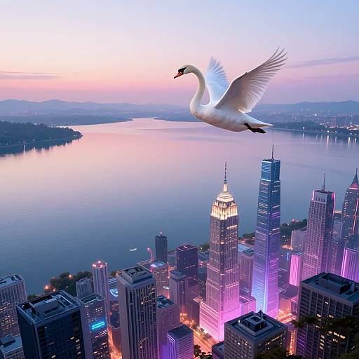 Photograph of a white swan with outstretched wings flying over a neon-lit city skyline at dusk, with a calm lake in the background