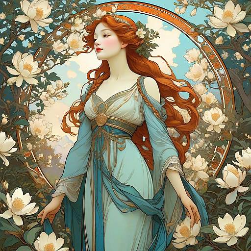 Art Nouveau Woman in Magnolia Garden