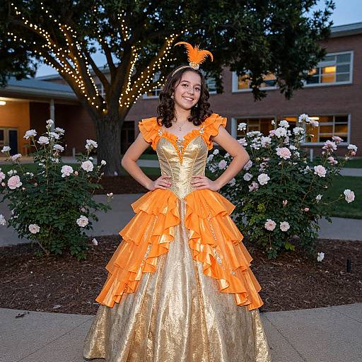Photograph of a smiling young woman with curly brown hair, wearing a golden, orange ruffled ball gown and orange headpiece, standing in a garden
