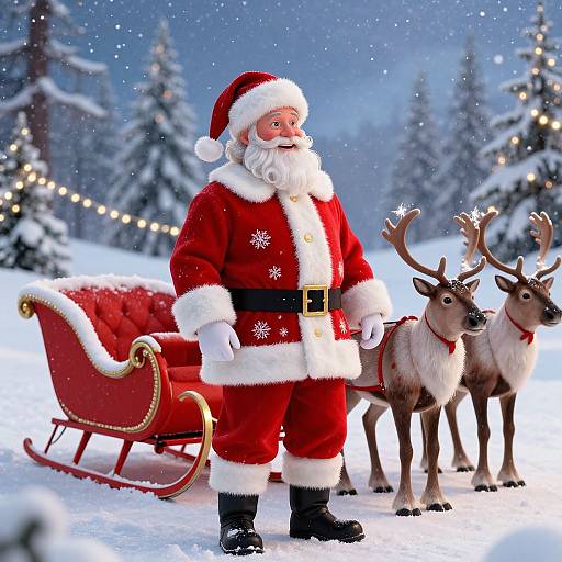 Photograph of Santa Claus in red suit, white fur trim, black belt, standing with two reindeer, next to a red sleigh, in