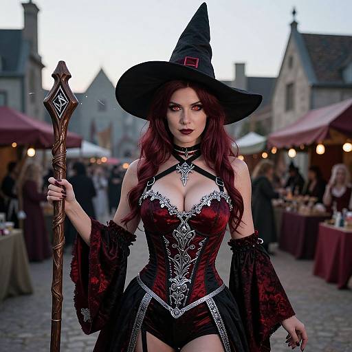 Photograph of a red-haired woman in a black witch costume with lace corset, holding a staff, at a dusk outdoor market.