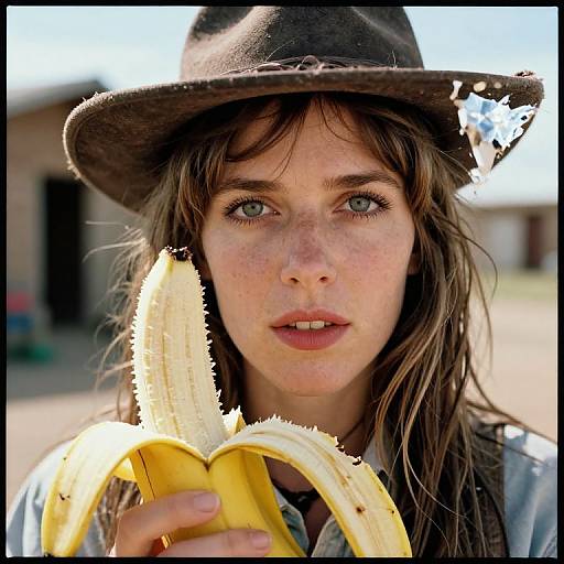 Photograph of a freckled, green-eyed young woman with wet brown hair, wearing a worn brown hat, biting into a peeled banana outdoors.