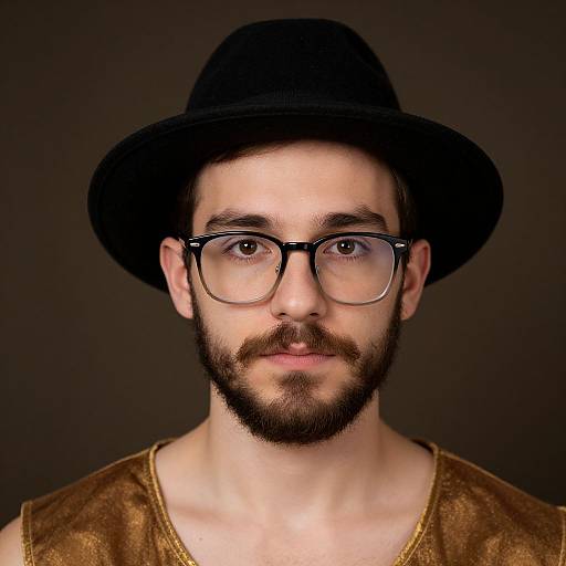 Photograph of a bearded man with glasses, black hat, and brown shirt, against a dark background, looking directly at the camera.
