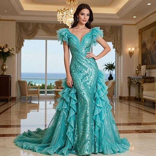 Photograph of a beautiful woman with long dark hair in a sparkling, teal sequin gown with ruffled shoulders and a deep V-neck, standing in