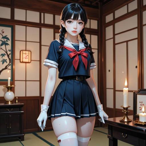 Young Woman in Japanese School Uniform in Traditional Room