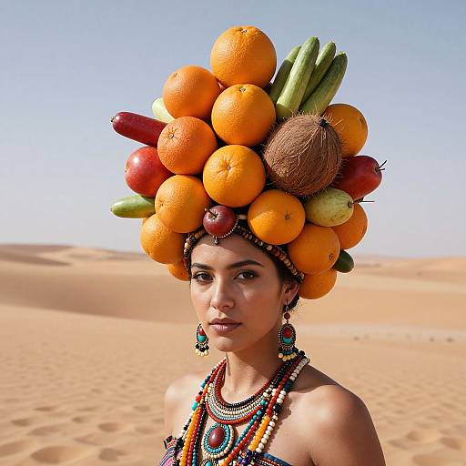 Photograph of a woman with dark skin, wearing a headdress of oranges, bananas, apples, kiwi, and dates, adorned in colorful bead