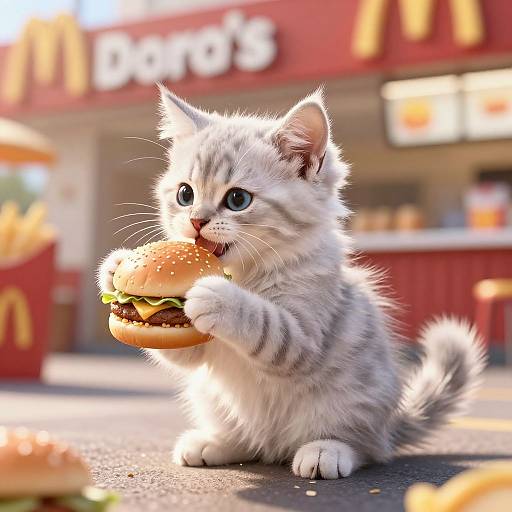 CGI image of an adorable, fluffy, white-and-gray kitten with big blue eyes, eating a burger from McDonald's, bright sunlight, blurred McDonald