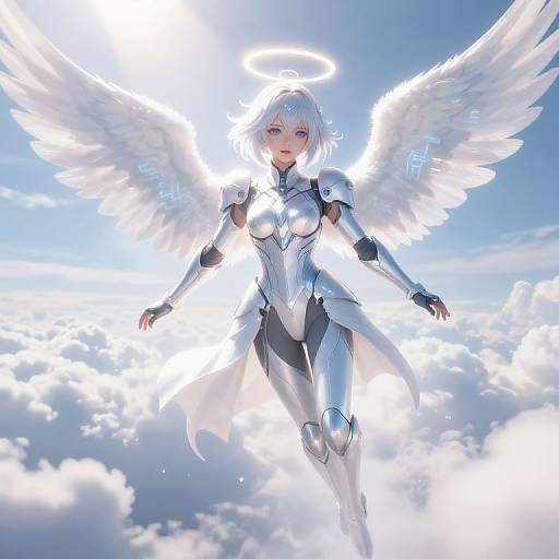Digital anime-style drawing of a silver-armored, white-winged angel with a glowing halo, blue eyes, and white hair, floating in a bright