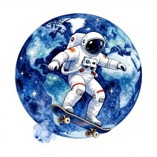 Neon Watercolor Astronaut Skateboarding