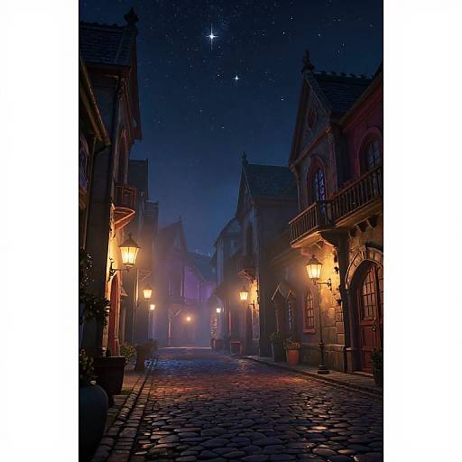 Digital art of a foggy, cobblestone street at night in a Victorian-style town, illuminated by warm, glowing street lamps, under a star