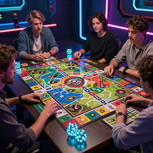 Photograph of five young adults playing a colorful, illuminated board game in a dimly lit, neon-accented bar. Each player focuses intently