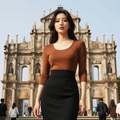 Chic Woman by Historic Church at Sunset