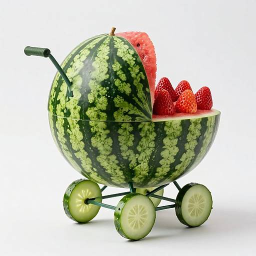 Photograph of a watermelon-themed baby stroller with green striped watermelon skin, four sliced cucumber wheels, and red strawberries inside.
