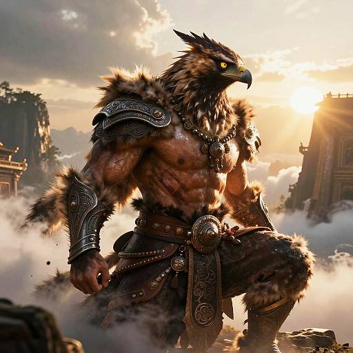 Digital art of a muscular, anthropomorphic eagle warrior with yellow eyes, fur-covered body, and ornate armor, standing against a sunset sky with ancient